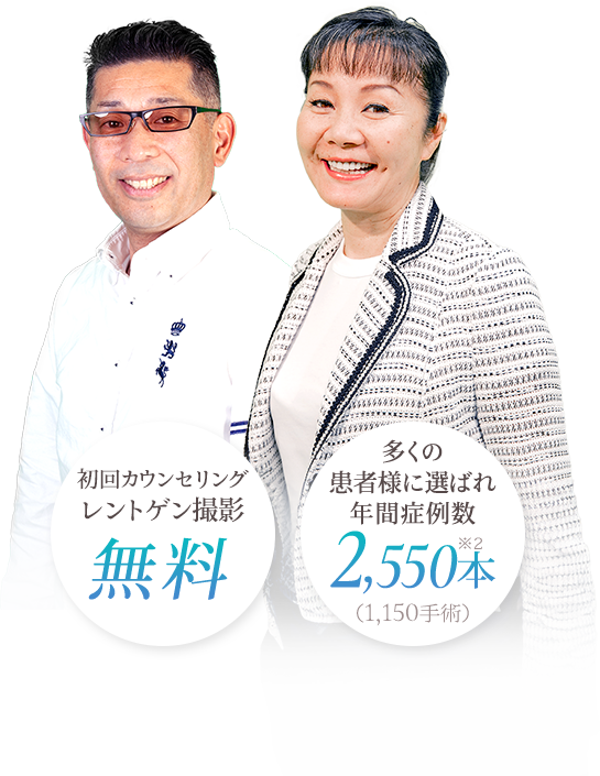 初回カウンセリング・レントゲン撮影無料 多くの患者様に選ばれ年間症例数2,550本(1,150手術)