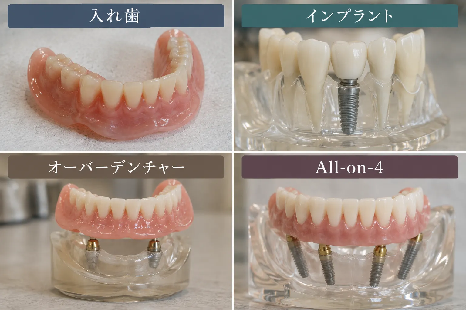 入れ歯・インプラント・オーバーデンチャー・All-on-4の違い